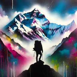 someone gazing at Mount Everest, spray paint art generated by DALL·E 2